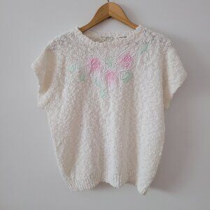 Vintage Short-Sleeved Sweater with Flower Detail-Medium (?)